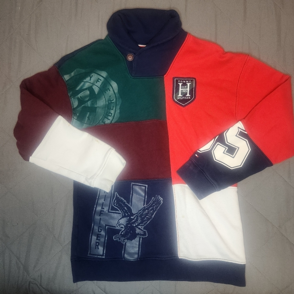 Tommy Hilfiger Kids XL‎ Vintage Patchwork Colorblock Mockneck Sweater Navy Red